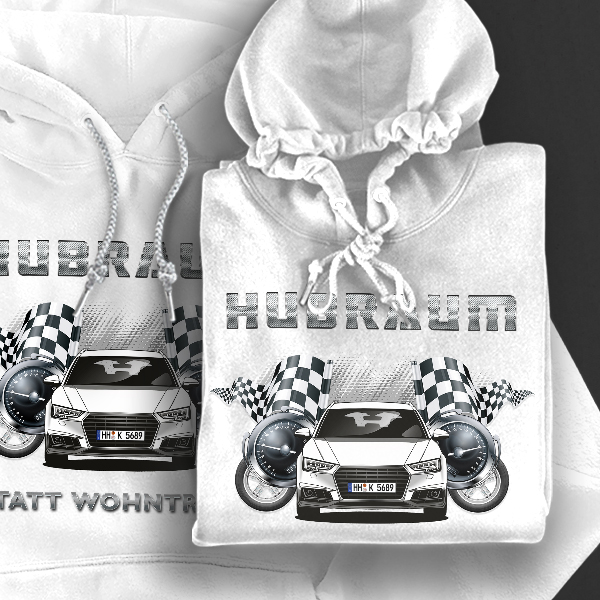 Hoodie Design mit Autosilhouette Weiß-S Hubraum statt Wohntraummit deinem Automodell und Kennzeichen! Kapuzenpullover Pullover Sweatshirt Geschenk Fre