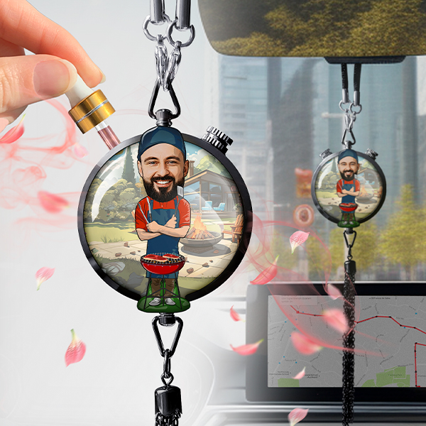 Grillmeister Auto Lufterfrischer Geschenk - Personalisierter BBQ Auto Duft mit Grillmotiv! Jetzt entdecken und frischen Wind ins Auto bringen.