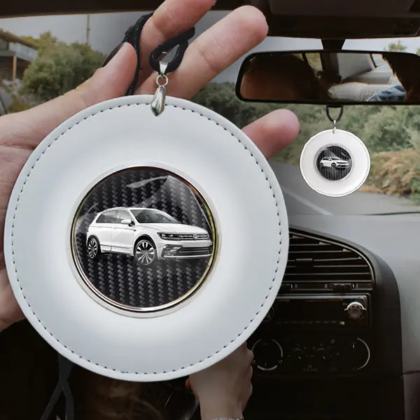 Rückspiegelanhänger Rund Epoxy-Weißleder-Carbon mit deinem Automodell und Kennzeichen! Rückspiegel Anhänger Personalisiert Autospiegel Deko
