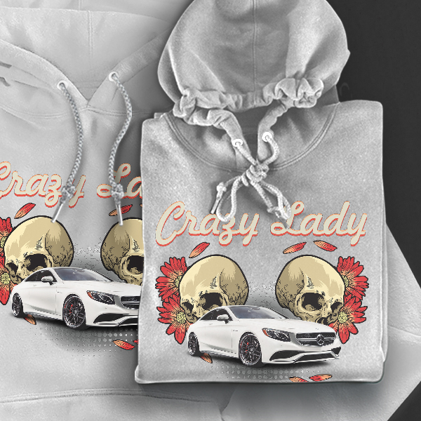 'Crazy Lady' Hoodie mit Deinem Auto + Kennzeichen Weiß-S Originalkennzeichen Kapuzenpullover Pullover Sweatshirt Geschenk Freund Paarpulli Pärchenpul