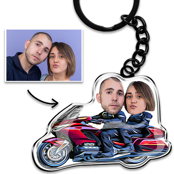 Personalisierter Biker-Schlüsselanhänger – Comic-Motorrad Schlüsselanhänger mit Paar-Foto – Geschenk für Motorradfahrer & ihn/sie – Unvergesslich!