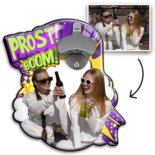 Prost Flaschenöffner mit Foto, TOP Geschenk für Freunde – Personalisierter Wandflaschenöffner | Lustiges Geschenk für beste Freundinnen | Viel Spaß!