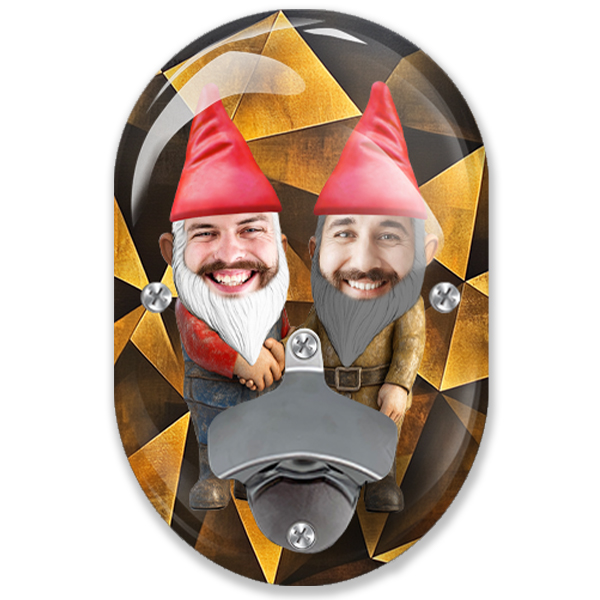 Flaschenöffner Wandmontage – Personalisierter Wandflaschenöffner mit Foto zweier bester Freunde u. Gnom Motiv – Ideales individuelles Männergeschenk!