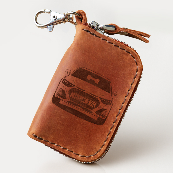 Schlüsselhülle - Braunes Leder mit deinem Automodell und Kennzeichen! Personalisierte Tasche Etui Auto Schlüssel Mini Kennzeichen - auto4style