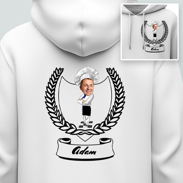 Personalisierter Koch Hoodie mit Foto und Name – Dein Gesicht im Comic-Stil mit Olivenzweig-Motiv – Originelles Geschenk für Koch – Jetzt gestalten!