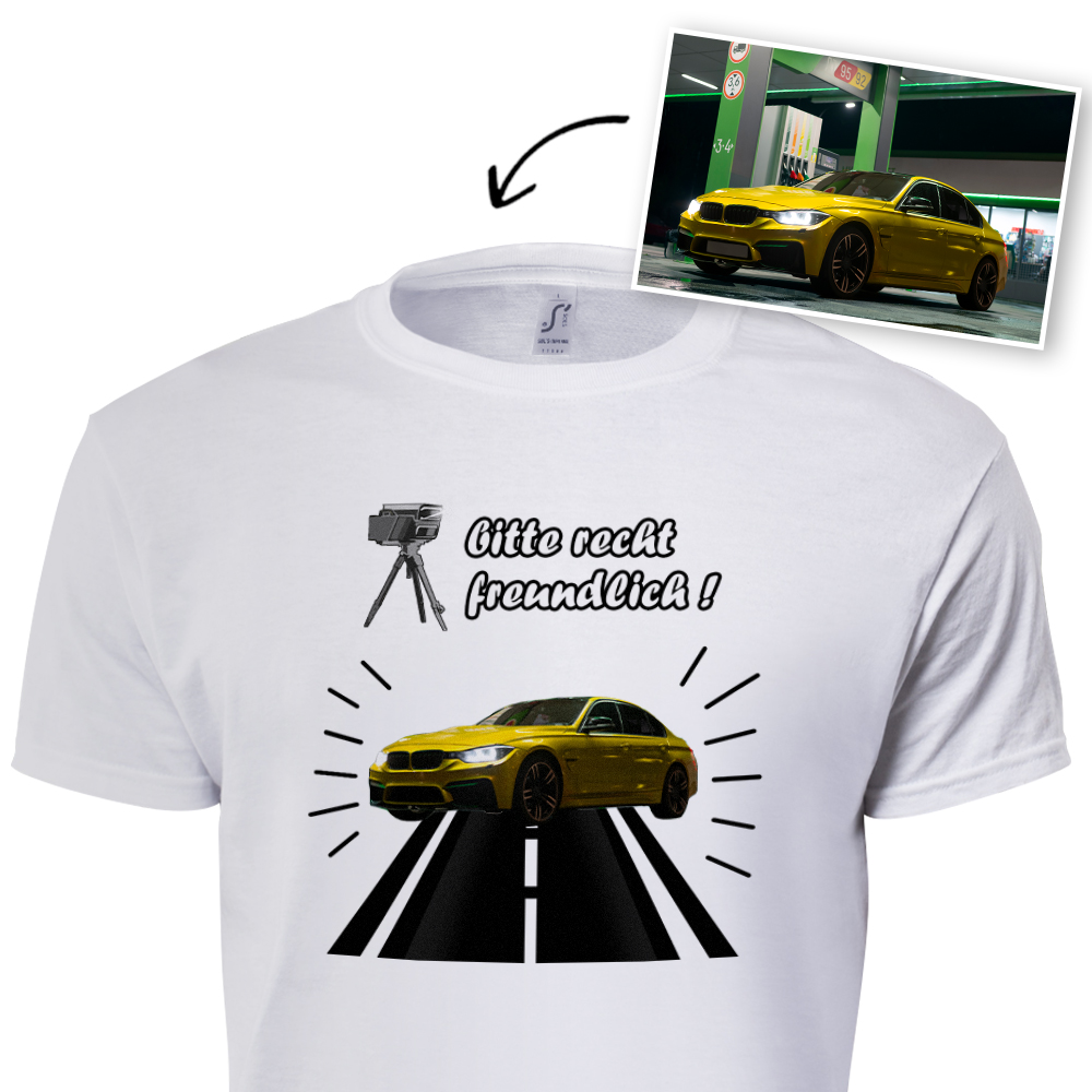 Personalisiertes Auto T-Shirt mit Foto & Nummernschild – Auto T-Shirt Geschenk – T-Shirt mit eigenem Auto – T-Shirt mit Nummernschild witzig!